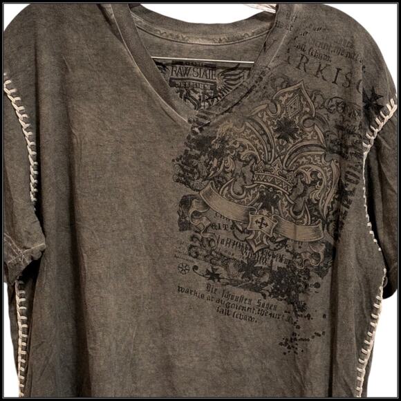 Vintage Affliction RAW STATE Fleur de Lis Vengeance V Neck Shirt Gray Men XL - Picture 4 of 7